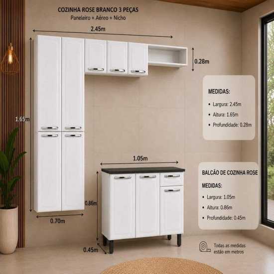 Cozinha em A�o 4 Pe�as 2,45m Rose Branco: Paneleiro + A�reo + Nicho de Geladeira + Balc�o - Itatiaia