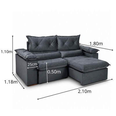 Sof� Retr�til Reclin�vel Dubai 2.10m Veludo Cinza 20