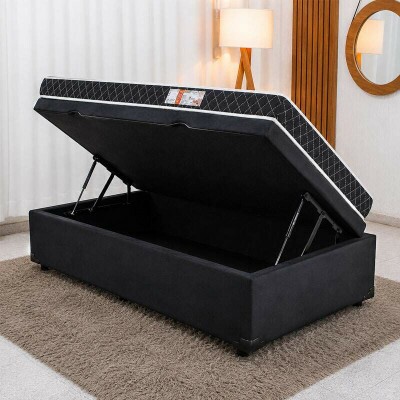 Colch�o Solteiro Lotus Espuma D20 - Nosso Sonho + Base Box Ba� Solteiro Prime Confort Sued Preto Blindado - Issacar 88x188x57 | Suporta at� 60kg