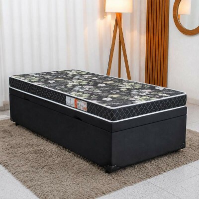 Colch�o Solteiro Lotus Espuma D20 - Nosso Sonho + Base Box Ba� Solteiro Prime Confort Sued Preto Blindado - Issacar 88x188x57 | Suporta at� 60kg