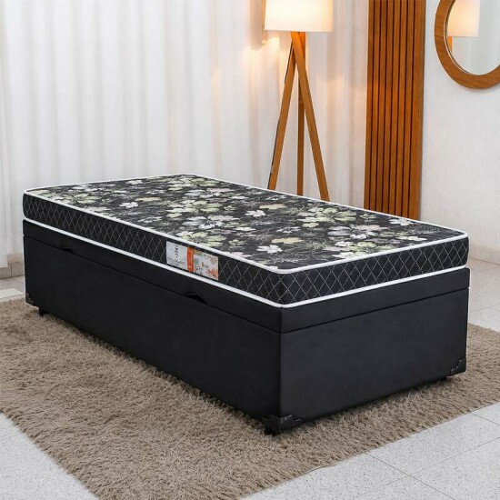 Colch�o Solteiro Lotus Espuma D20 - Nosso Sonho + Base Box Ba� Solteiro Prime Confort Sued Preto Blindado - Issacar 88x188x57 | Suporta at� 60kg