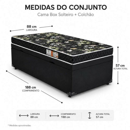 Colch�o Solteiro Lotus Espuma D20 - Nosso Sonho + Base Box Ba� Solteiro Prime Confort Sued Preto Blindado - Issacar 88x188x57 | Suporta at� 60kg