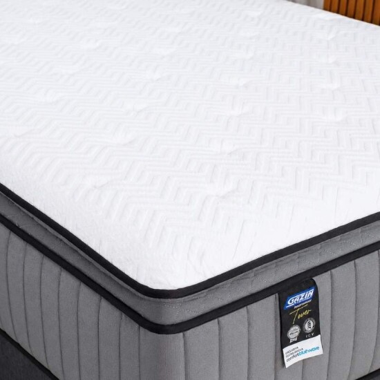 Colch�o Casal Tower Cinza Molas BlueWave + Base Box Casal Elitebox Linh�o Grafite Blindado - Gazin 138x188x69 | Suporta at� 240kg
