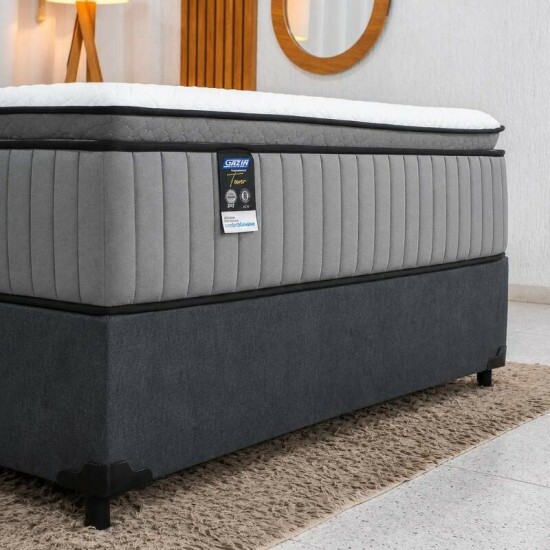 Colch�o Casal Tower Cinza Molas BlueWave + Base Box Casal Elitebox Linh�o Grafite Blindado - Gazin 138x188x69 | Suporta at� 240kg