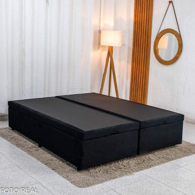 Base Box Baú Queen Bipartido Confort Sued Preto Blindado 158x198x45 cm - Issacar