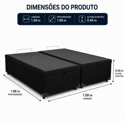Base Box Ba� Queen Bipartido Prime Confort 158x198x45 Sued Preto Blindado - Issacar