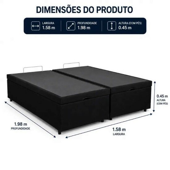 Base Box Ba� Queen Bipartido Confort Sued Preto Blindado 158x198x45 cm - Issacar