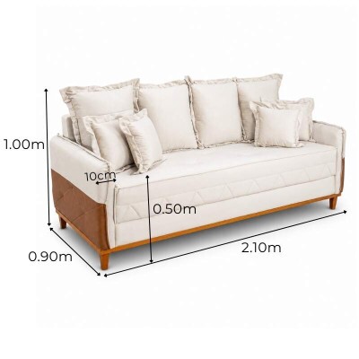 Sof� 4 Lugares Living Luca 2.10m Veludo Bege Claro C/ Detalhe - Molas Bonnel