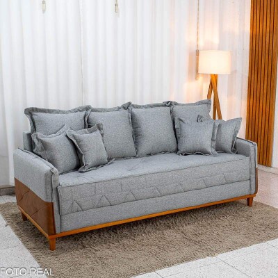 Sof� 4 Lugares Living Luca 2.10m Linho Cinza C/ Detalhe - Molas Bonnel