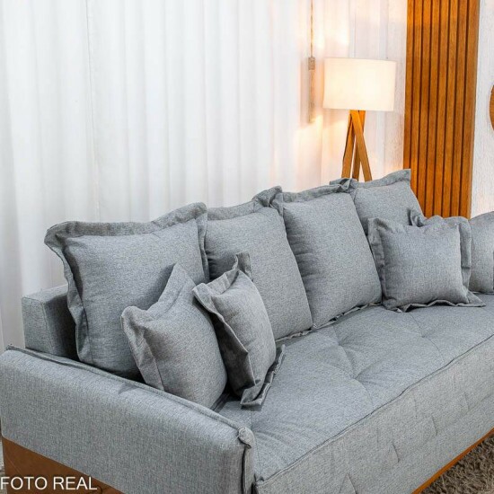 Sof� 4 Lugares Living Luca 2.10m Linho Cinza C/ Detalhe - Molas Bonnel