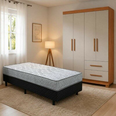 Combo Guarda-roupa Solteiro Estrela Cinamomo/Off 4 Portas C/ P�s Larg. 1.00m - Sall�to + UniBox Solteiro Supreme Natural D28 88x188x53 Cinza - Gazin