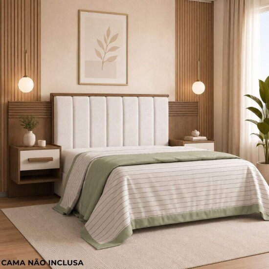 Cabeceira Casal �ris 1.40m Castanho/Off Acolchoada Linho Bege e Detalhe Ripado - D Doro