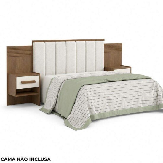 Cabeceira Casal �ris 1.40m Castanho/Off Acolchoada Linho Bege e Detalhe Ripado - D Doro
