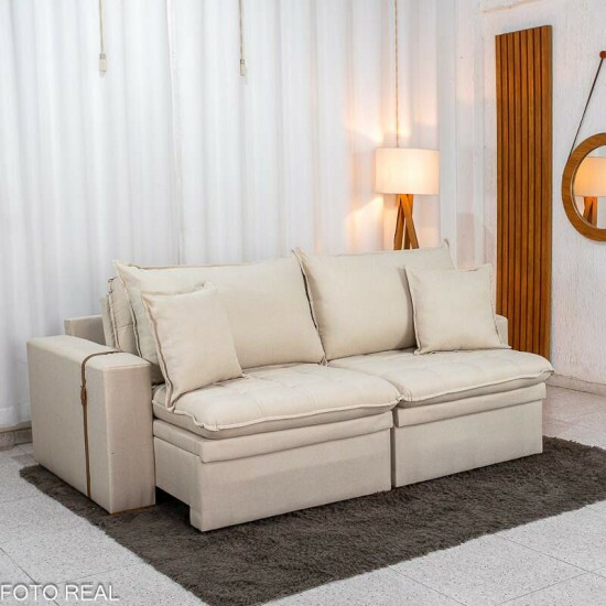 Sof� Retr�til Reclin�vel Com Ba� Munique 2.20m Linho Bege - Sem Caixa
