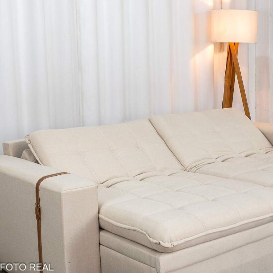 Sof� Retr�til Reclin�vel Com Ba� Munique 2.20m Linho Bege - Sem Caixa