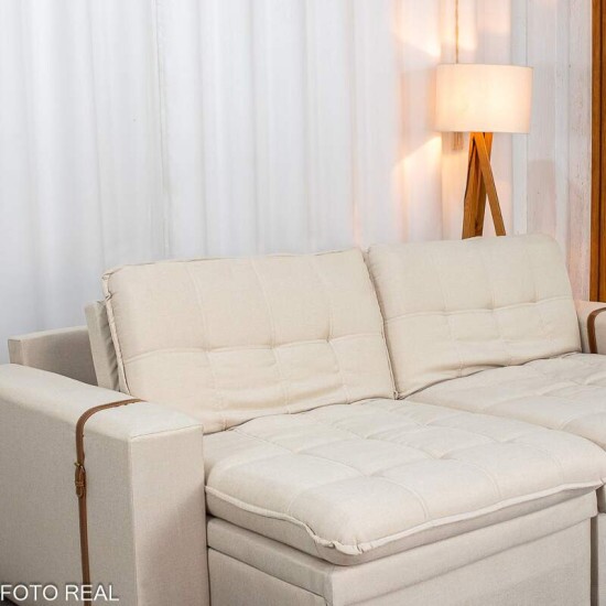 Sof� Retr�til Reclin�vel Com Ba� Munique 2.20m Linho Bege - Sem Caixa