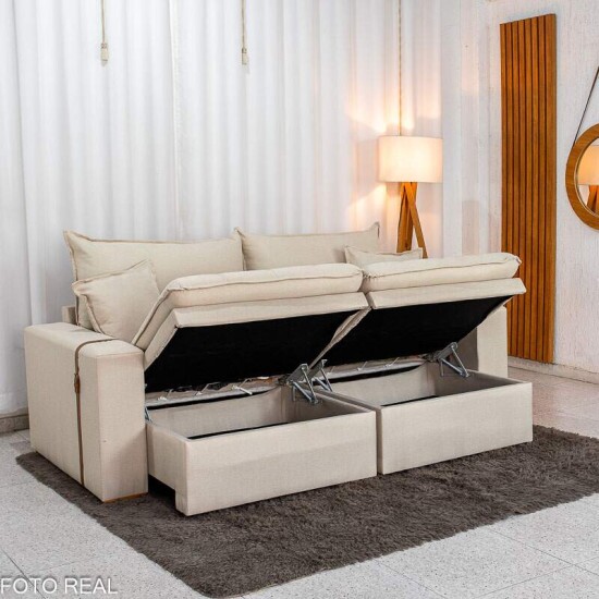 Sof� Retr�til Reclin�vel Com Ba� Munique 2.20m Linho Bege - Sem Caixa