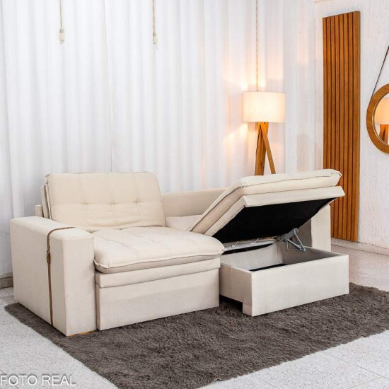 Sof� Retr�til Reclin�vel Com Ba� Munique 2.20m Linho Bege - Sem Caixa
