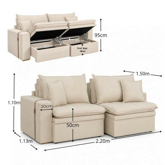 Sof� Retr�til Reclin�vel Com Ba� Munique 2.20m Linho Bege - Sem Caixa