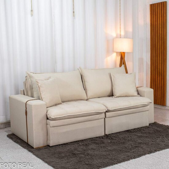 Sof� Retr�til Reclin�vel Com Ba� Munique 2.20m Linho Bege - Sem Caixa