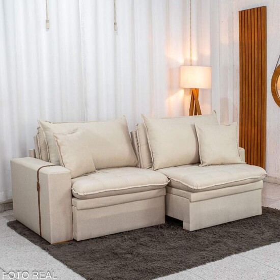 Sof� Retr�til Reclin�vel Com Ba� Munique 2.20m Linho Bege - Sem Caixa