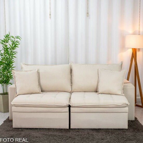 Sof� Retr�til Reclin�vel Com Ba� Munique 2.20m Linho Bege - Sem Caixa