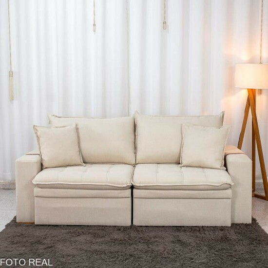 Sof� Retr�til Reclin�vel Com Ba� Munique 2.20m Linho Bege - Sem Caixa