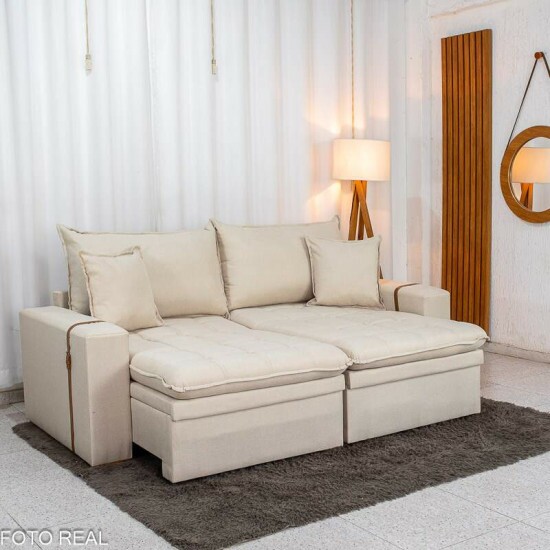 Sof� Retr�til Reclin�vel Com Ba� Munique 2.20m Linho Bege - Sem Caixa