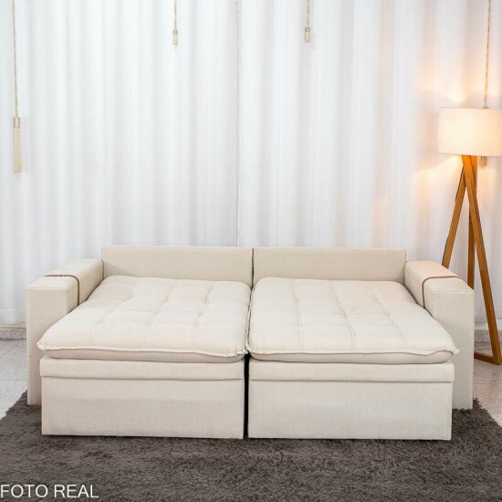 Sof� Retr�til Reclin�vel Com Ba� Munique 2.20m Linho Bege - Sem Caixa