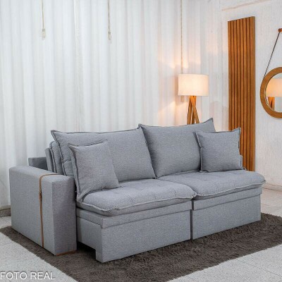 Sof� Retr�til Reclin�vel Com Ba� Munique 2.20m Linho Cinza - Sem Caixa