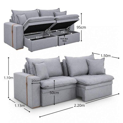 Sof� Retr�til Reclin�vel Com Ba� Munique 2.20m Linho Cinza - Sem Caixa