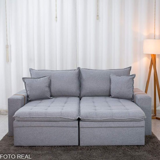 Sof� Retr�til Reclin�vel Com Ba� Munique 2.20m Linho Cinza - Sem Caixa