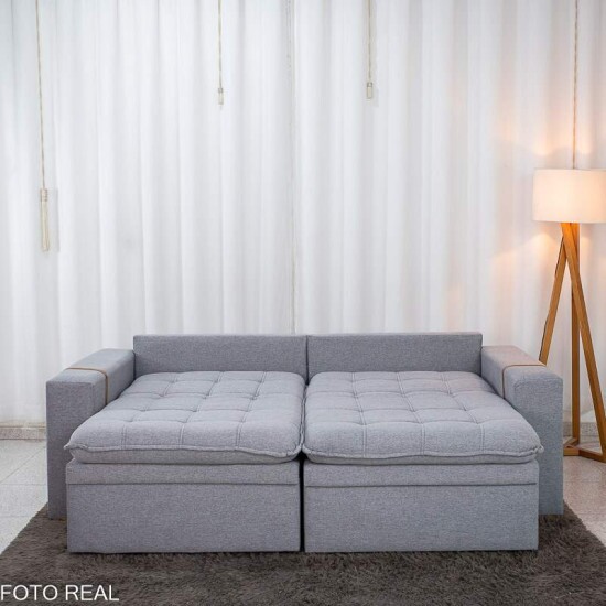 Sof� Retr�til Reclin�vel Com Ba� Munique 2.20m Linho Cinza - Sem Caixa