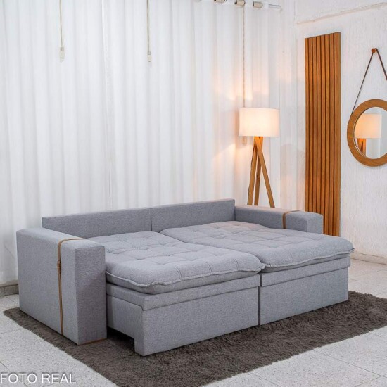 Sof� Retr�til Reclin�vel Com Ba� Munique 2.20m Linho Cinza - Sem Caixa