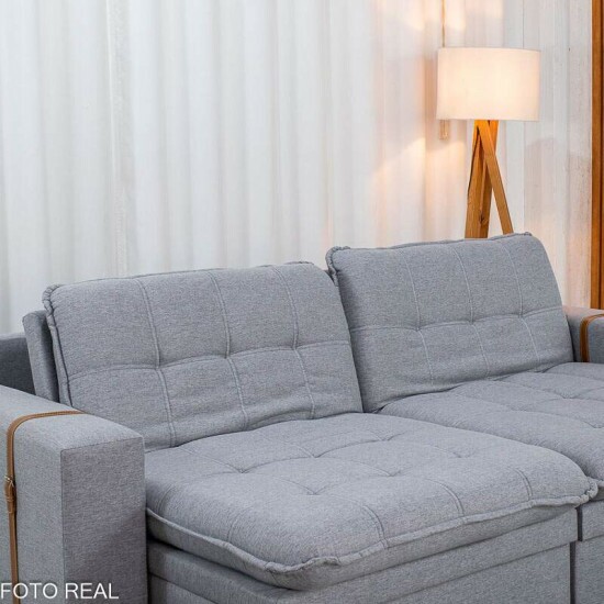 Sof� Retr�til Reclin�vel Com Ba� Munique 2.20m Linho Cinza - Sem Caixa