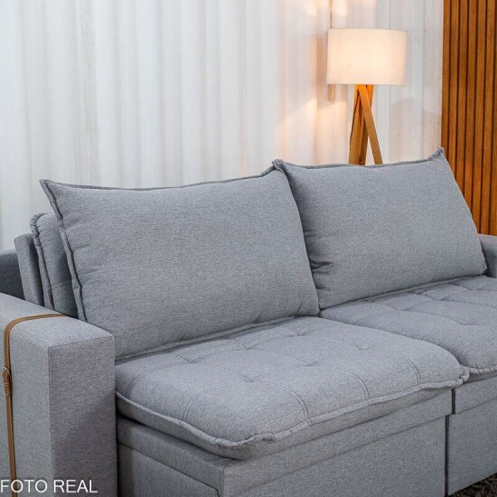 Sof� Retr�til Reclin�vel Com Ba� Munique 2.20m Linho Cinza - Sem Caixa