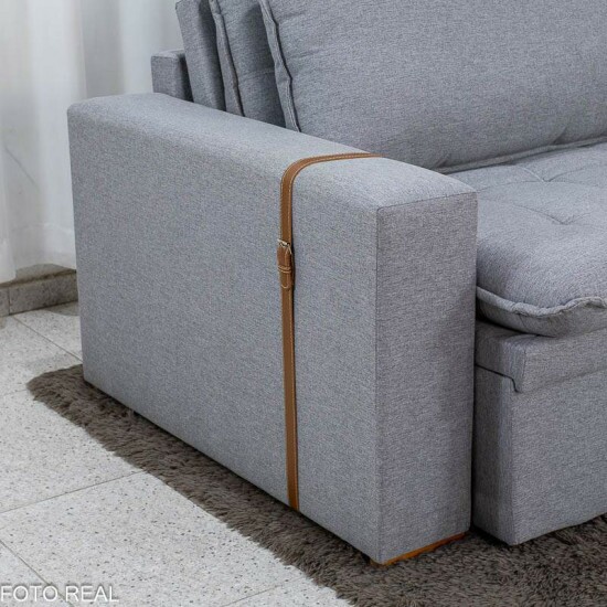 Sof� Retr�til Reclin�vel Com Ba� Munique 2.20m Linho Cinza - Sem Caixa