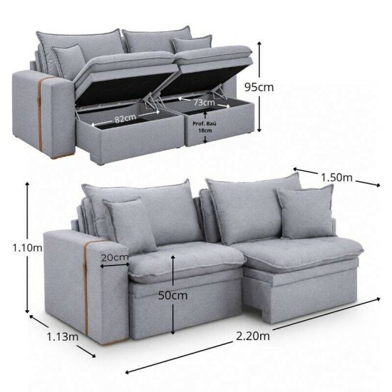Sof� Retr�til Reclin�vel Com Ba� Munique 2.20m Linho Cinza - Sem Caixa