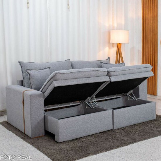 Sof� Retr�til Reclin�vel Com Ba� Munique 2.20m Linho Cinza - Sem Caixa