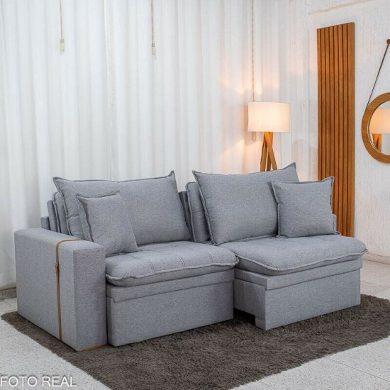Sof� Retr�til Reclin�vel Com Ba� Munique 2.20m Linho Cinza - Sem Caixa