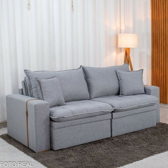 Sof� Retr�til Reclin�vel Com Ba� Munique 2.20m Linho Cinza - Sem Caixa