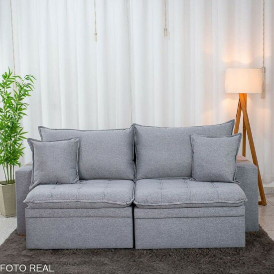 Sof� Retr�til Reclin�vel Com Ba� Munique 2.20m Linho Cinza - Sem Caixa
