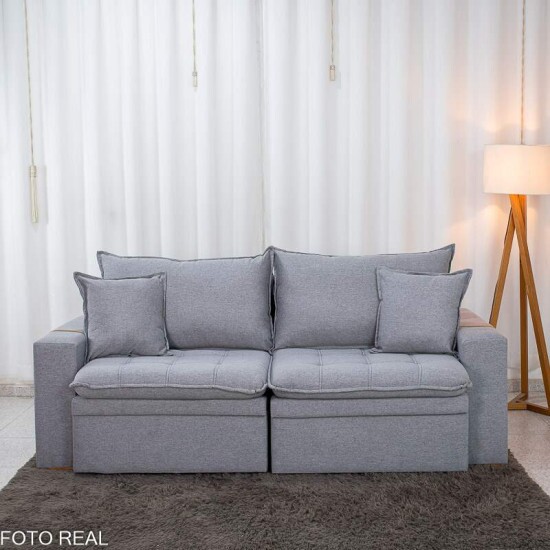 Sof� Retr�til Reclin�vel Com Ba� Munique 2.20m Linho Cinza - Sem Caixa