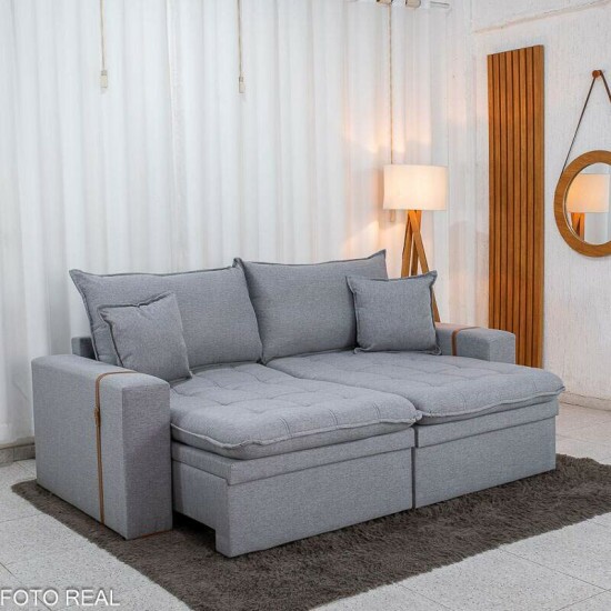 Sof� Retr�til Reclin�vel Com Ba� Munique 2.20m Linho Cinza - Sem Caixa