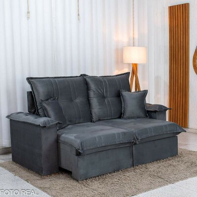 Sof� Retr�til Reclin�vel Bela 2.00m Veludo Cinza Escuro 08