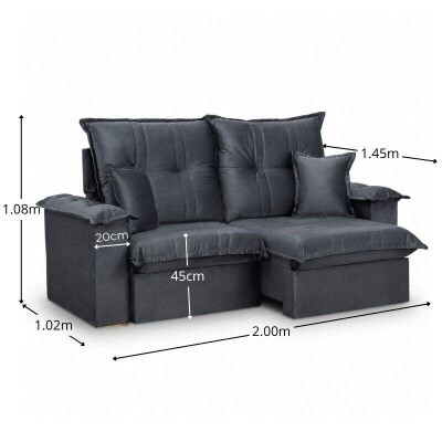 Sof� Retr�til Reclin�vel Bela 2.00m Veludo Cinza Escuro 08