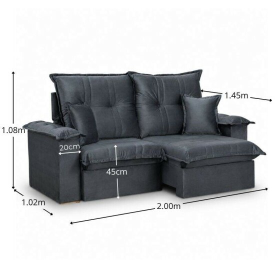 Sof� Retr�til Reclin�vel Bela 2,00m Veludo Cinza Escuro 08