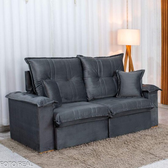 Sof� Retr�til Reclin�vel Bela 2,00m Veludo Cinza Escuro 08