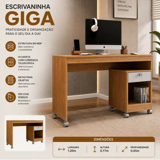Escrivaninha 1,20m Giga Cinamomo/Off Valdem�veis - P�s com Rod�zio