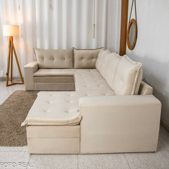 Sof� de Canto Atalanta 3.20 m Chaise Lado Esquerdo Veludo Bege 209/03